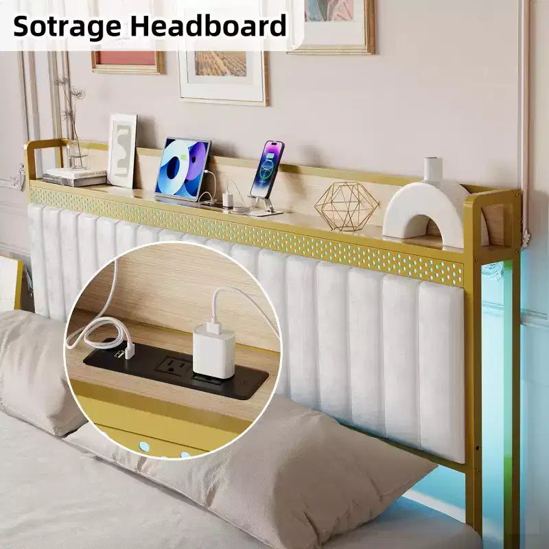Struttura letto imbottita con luci a LED | Stazione di ricarica USB e contenitore | Design bianco e oro | Doghe in metallo silenziose | Facile montaggio