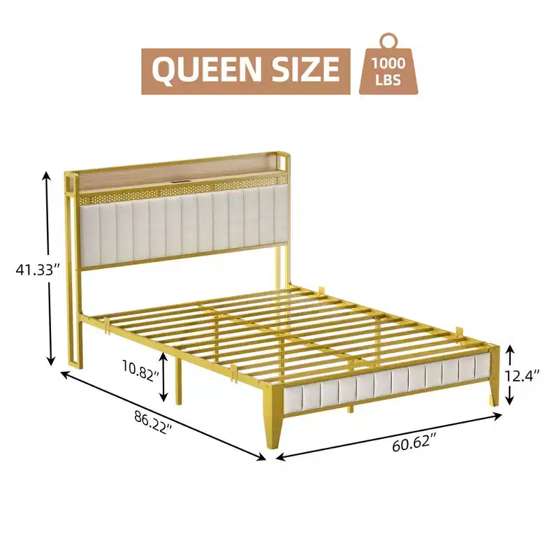 Struttura letto imbottita con luci a LED | Stazione di ricarica USB e contenitore | Design bianco e oro | Doghe in metallo silenziose | Facile montaggio
