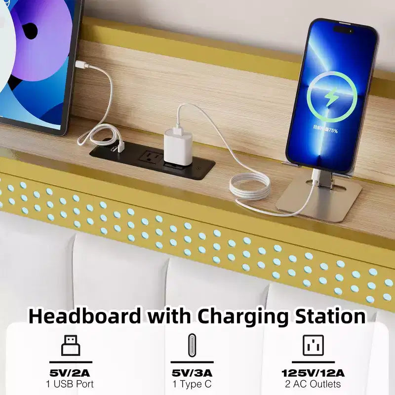 Struttura letto imbottita con luci a LED | Stazione di ricarica USB e contenitore | Design bianco e oro | Doghe in metallo silenziose | Facile montaggio