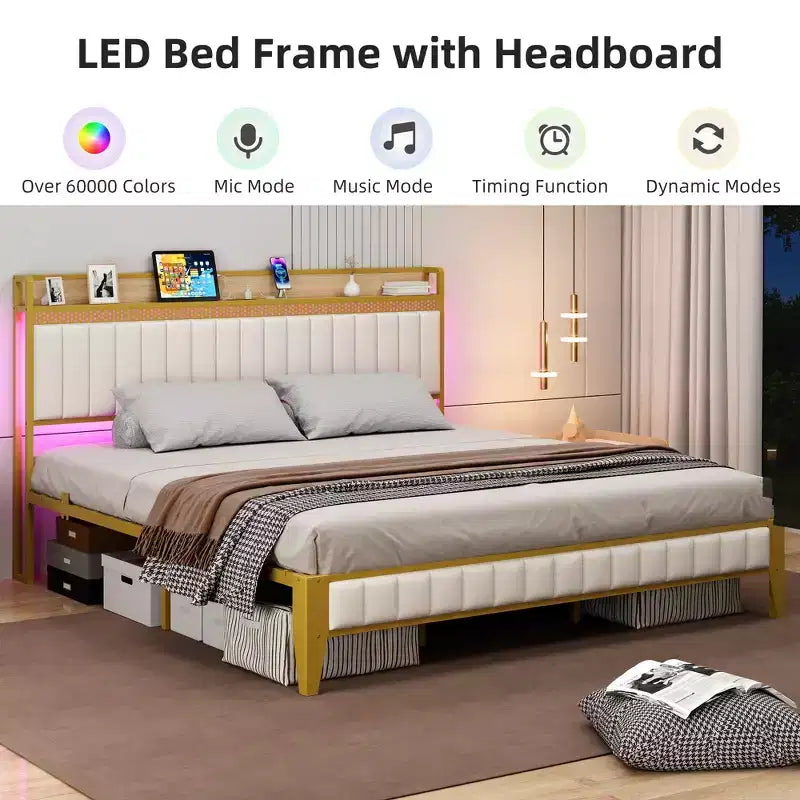 Struttura letto imbottita con luci a LED | Stazione di ricarica USB e contenitore | Design bianco e oro | Doghe in metallo silenziose | Facile montaggio