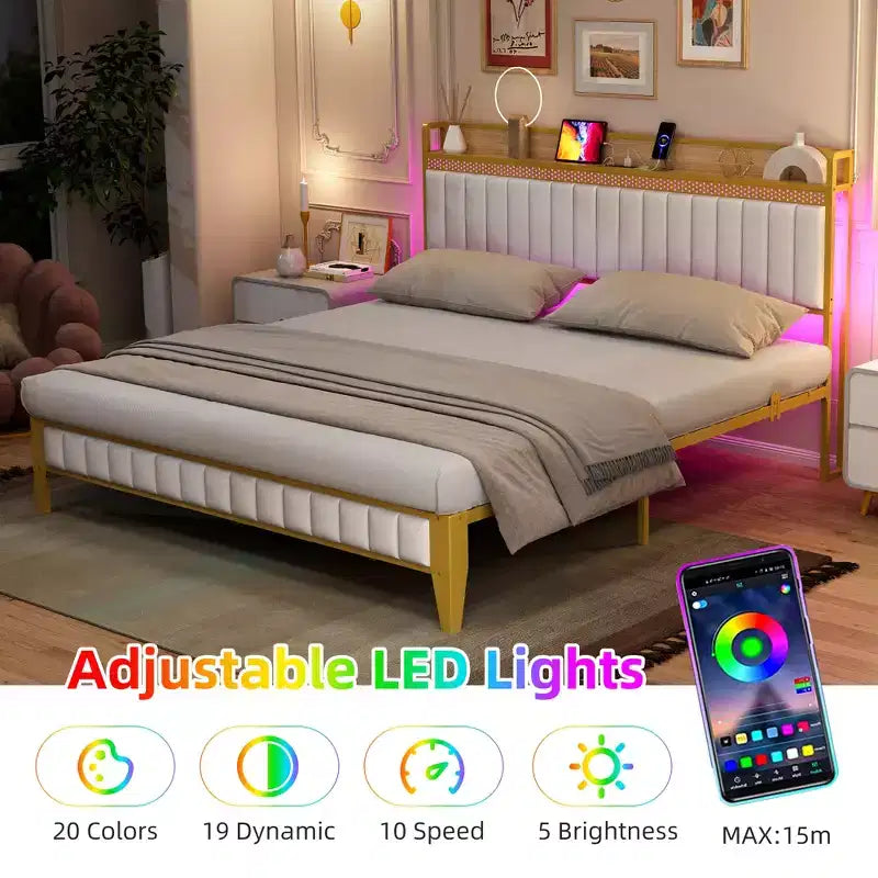 Struttura letto imbottita con luci a LED | Stazione di ricarica USB e contenitore | Design bianco e oro | Doghe in metallo silenziose | Facile montaggio