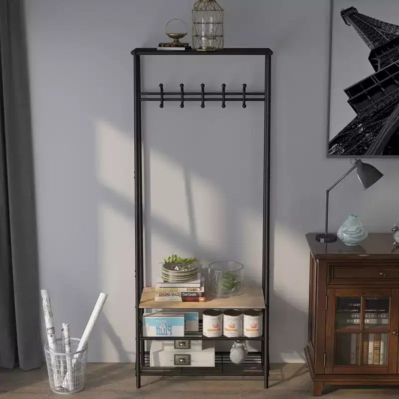 Appendiabiti e scarpiera 4 in 1, albero da ingresso a 4 ripiani con 5 ganci, scaffale portaoggetti multifunzione per corridoio, bagno, ingresso
