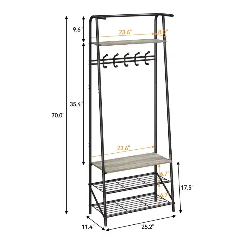 Appendiabiti e scarpiera 4 in 1, albero da ingresso a 4 ripiani con 5 ganci, scaffale portaoggetti multifunzione per corridoio, bagno, ingresso