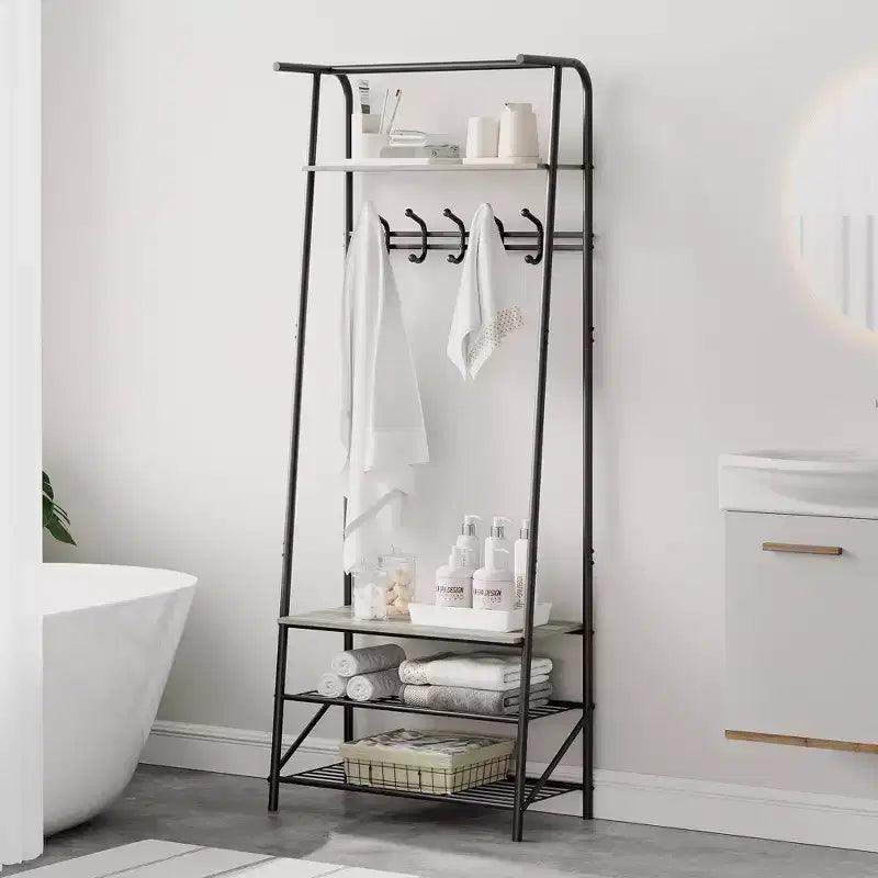 Appendiabiti e scarpiera 4 in 1, albero da ingresso a 4 ripiani con 5 ganci, scaffale portaoggetti multifunzione per corridoio, bagno, ingresso