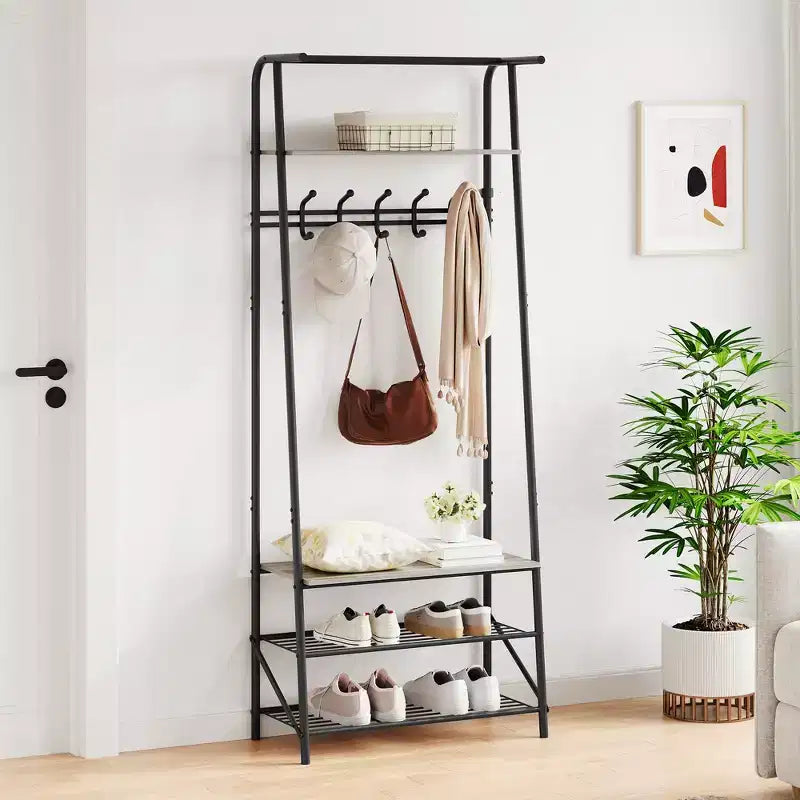 Appendiabiti e scarpiera 4 in 1, albero da ingresso a 4 ripiani con 5 ganci, scaffale portaoggetti multifunzione per corridoio, bagno, ingresso