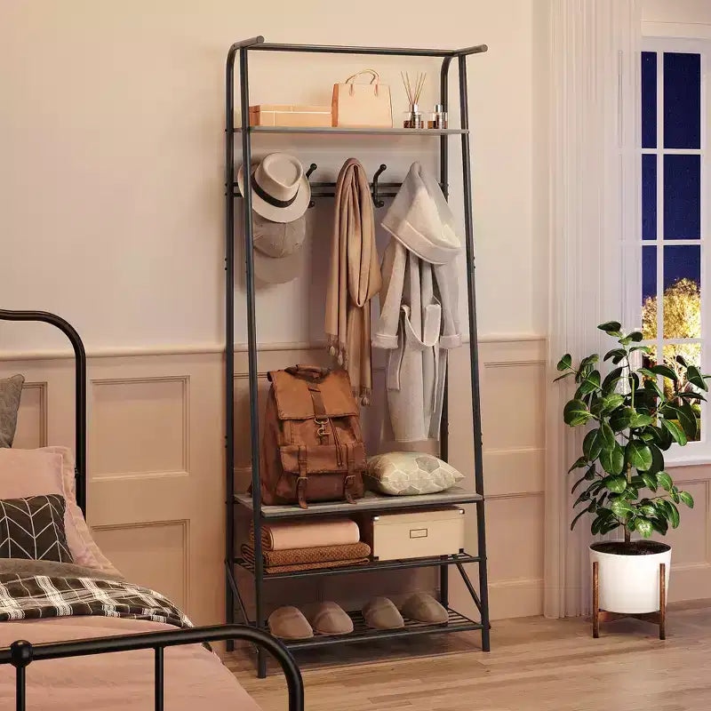 Appendiabiti e scarpiera 4 in 1, albero da ingresso a 4 ripiani con 5 ganci, scaffale portaoggetti multifunzione per corridoio, bagno, ingresso