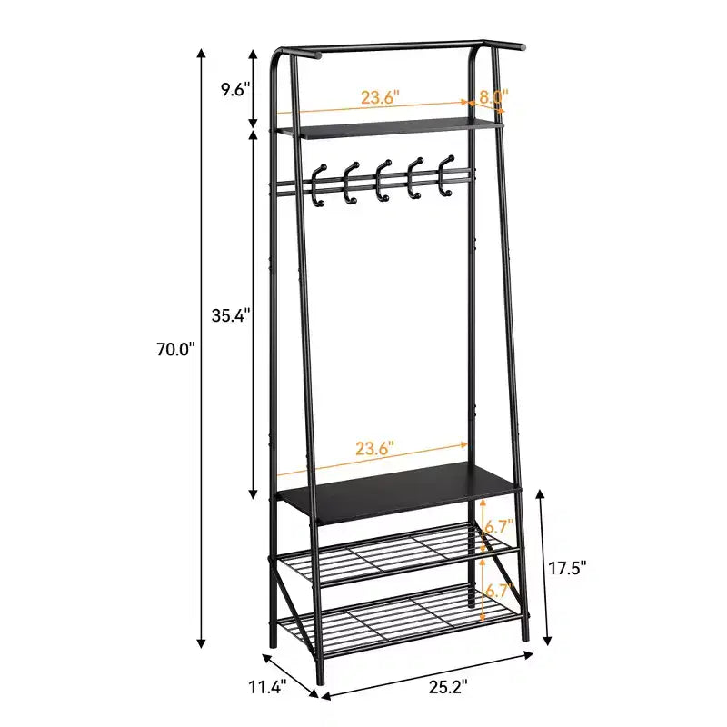 Appendiabiti e scarpiera 4 in 1, albero da ingresso a 4 ripiani con 5 ganci, scaffale portaoggetti multifunzione per corridoio, bagno, ingresso