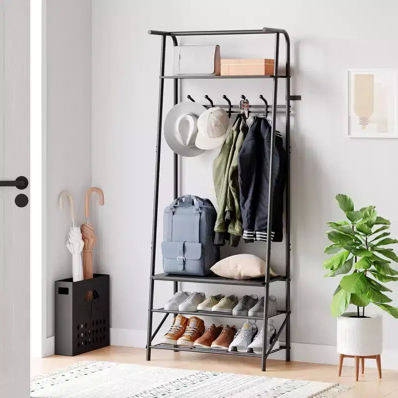 Appendiabiti e scarpiera 4 in 1, albero da ingresso a 4 ripiani con 5 ganci, scaffale portaoggetti multifunzione per corridoio, bagno, ingresso