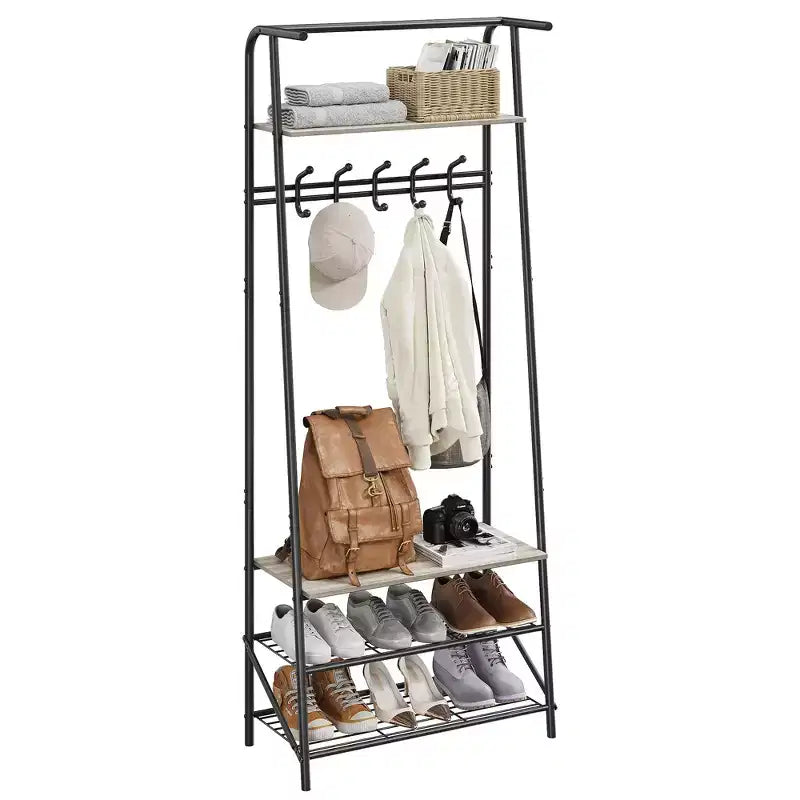 Appendiabiti e scarpiera 4 in 1, albero da ingresso a 4 ripiani con 5 ganci, scaffale portaoggetti multifunzione per corridoio, bagno, ingresso