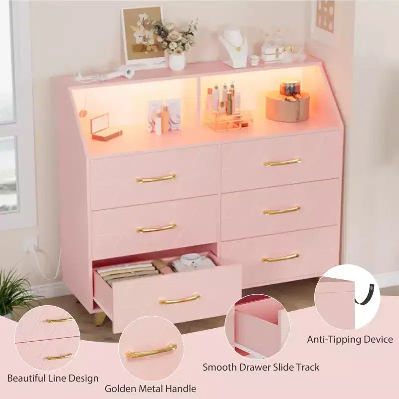 Commode avec station de charge, commode meuble TV LED avec 6 tiroirs, commodes et chiffonniers modernes en bois pour placard, chambre, salon
