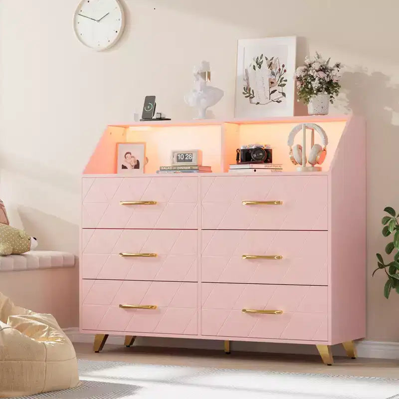 Commode avec station de charge, commode meuble TV LED avec 6 tiroirs, commodes et chiffonniers modernes en bois pour placard, chambre, salon