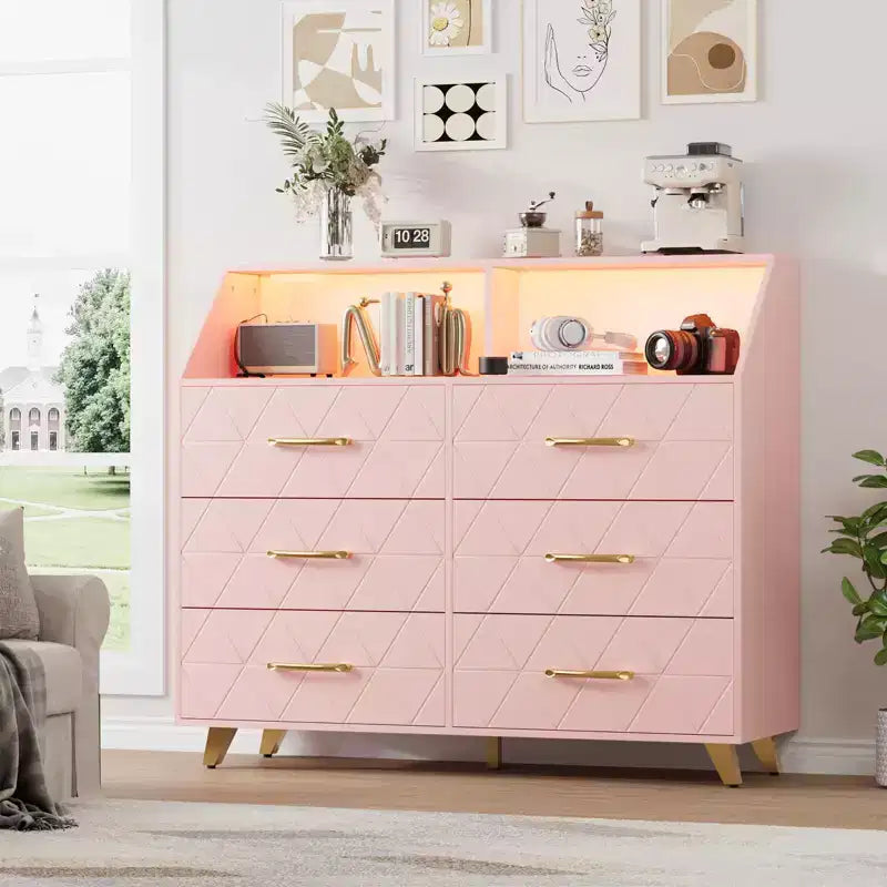 Commode avec station de charge, commode meuble TV LED avec 6 tiroirs, commodes et chiffonniers modernes en bois pour placard, chambre, salon
