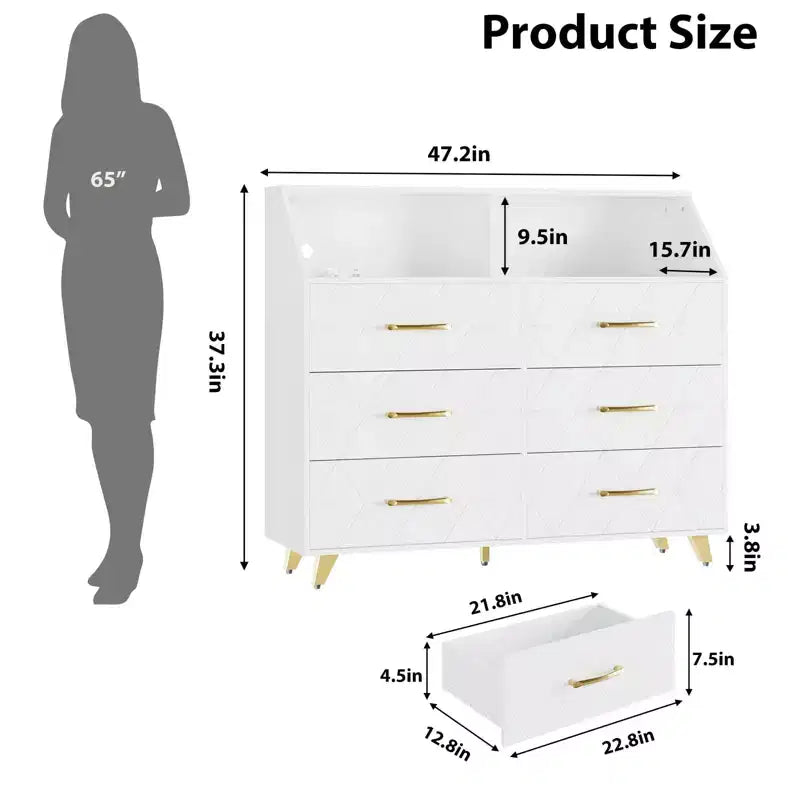 Commode avec station de charge, commode meuble TV LED avec 6 tiroirs, commodes et chiffonniers modernes en bois pour placard, chambre, salon