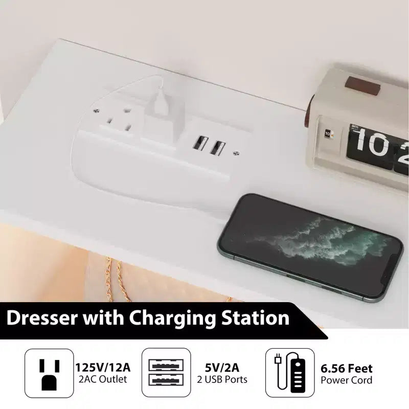 Commode avec station de charge, commode meuble TV LED avec 6 tiroirs, commodes et chiffonniers modernes en bois pour placard, chambre, salon