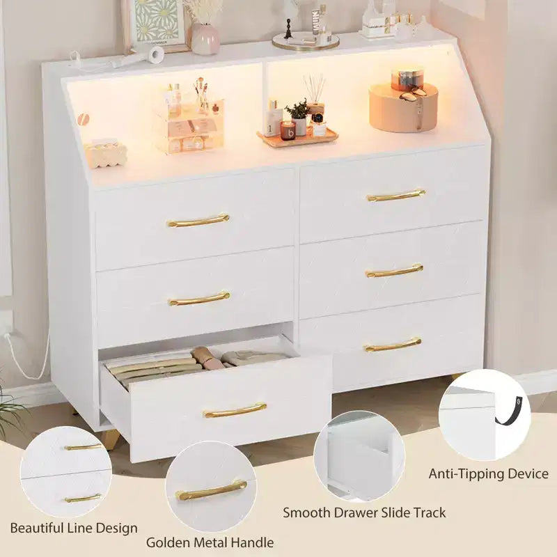 Commode avec station de charge, commode meuble TV LED avec 6 tiroirs, commodes et chiffonniers modernes en bois pour placard, chambre, salon