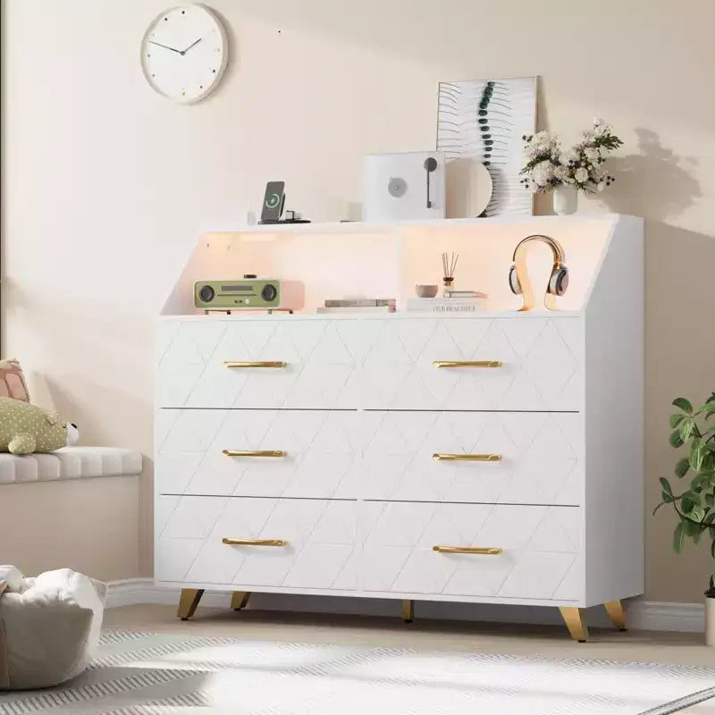 Commode avec station de charge, commode meuble TV LED avec 6 tiroirs, commodes et chiffonniers modernes en bois pour placard, chambre, salon