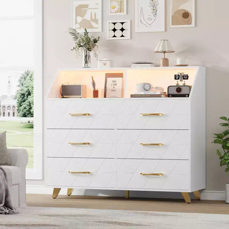 Commode avec station de charge, commode meuble TV LED avec 6 tiroirs, commodes et chiffonniers modernes en bois pour placard, chambre, salon