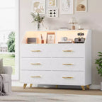 Commode avec station de charge, commode meuble TV LED avec 6 tiroirs, commodes et chiffonniers modernes en bois pour placard, chambre, salon