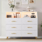 Commode avec station de charge, commode meuble TV LED avec 6 tiroirs, commodes et chiffonniers modernes en bois pour placard, chambre, salon