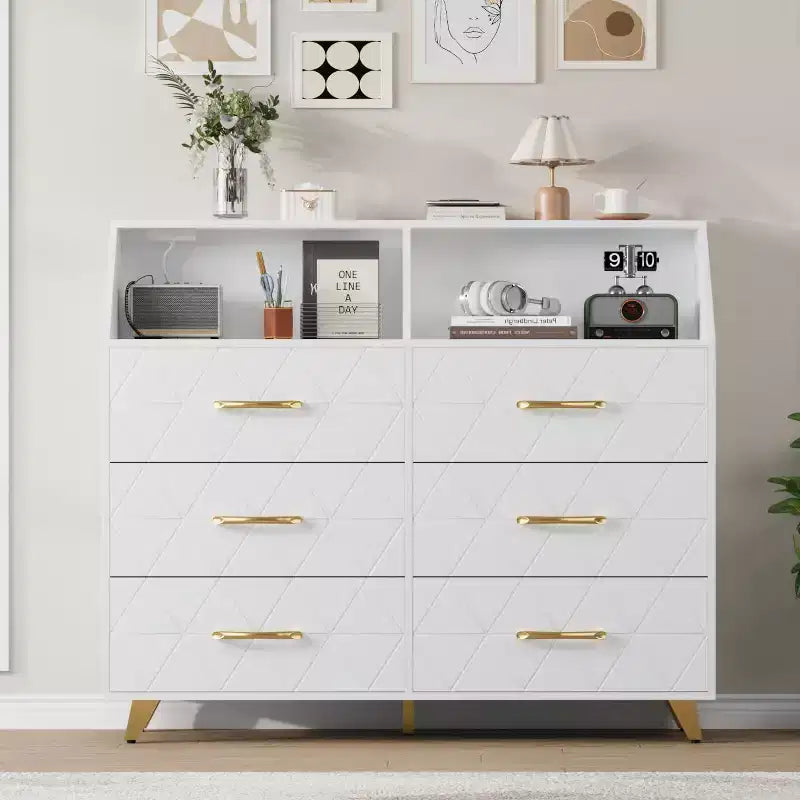 Commode avec station de charge, commode meuble TV LED avec 6 tiroirs, commodes et chiffonniers modernes en bois pour placard, chambre, salon
