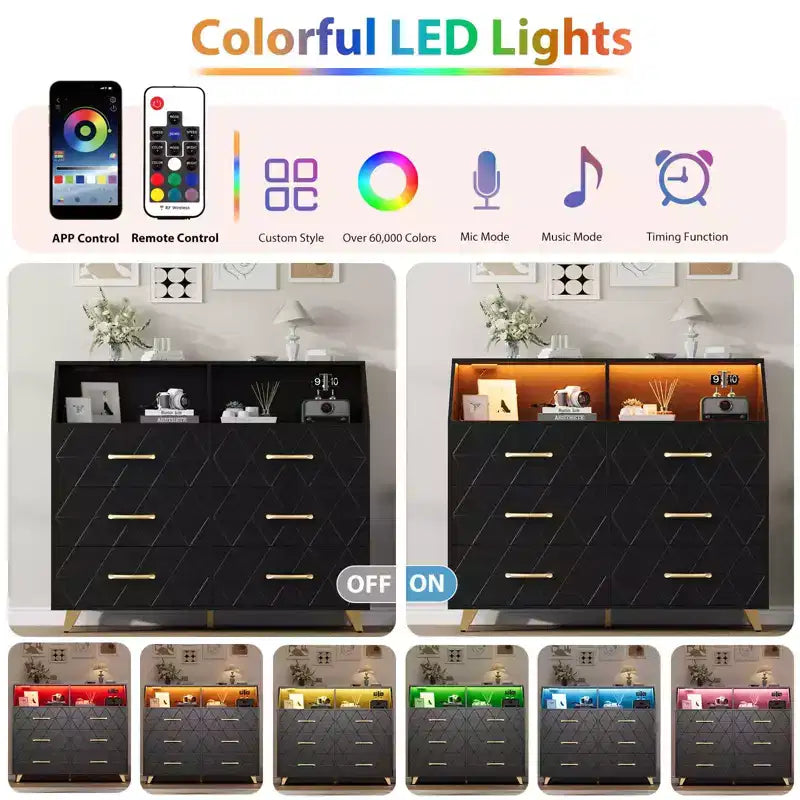 Commode avec station de charge, commode meuble TV LED avec 6 tiroirs, commodes et chiffonniers modernes en bois pour placard, chambre, salon