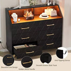 Commode avec station de charge, commode meuble TV LED avec 6 tiroirs, commodes et chiffonniers modernes en bois pour placard, chambre, salon