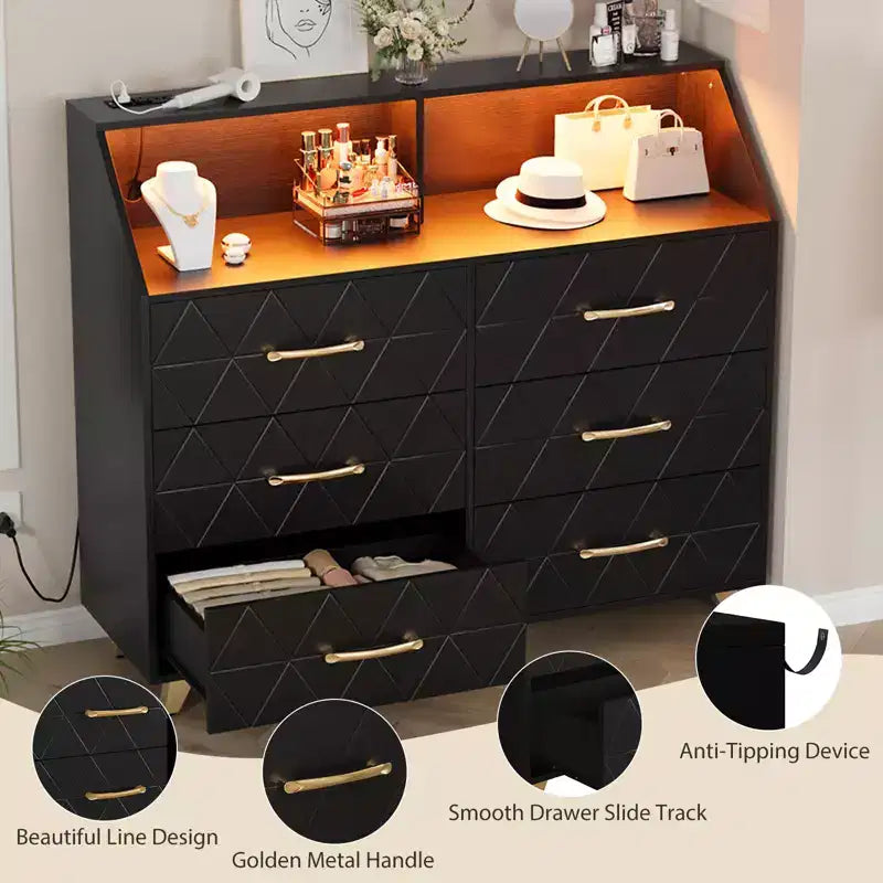 Commode avec station de charge, commode meuble TV LED avec 6 tiroirs, commodes et chiffonniers modernes en bois pour placard, chambre, salon