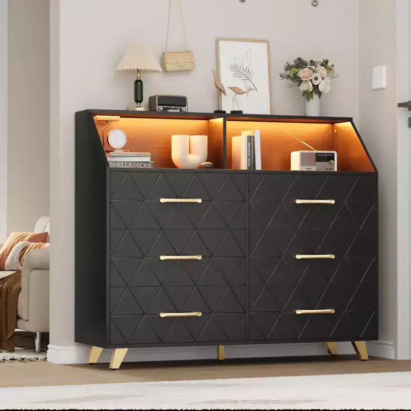 Commode avec station de charge, commode meuble TV LED avec 6 tiroirs, commodes et chiffonniers modernes en bois pour placard, chambre, salon