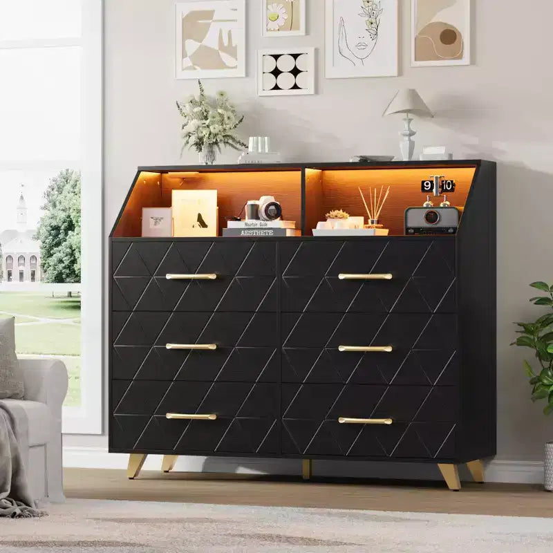 Commode avec station de charge, commode meuble TV LED avec 6 tiroirs, commodes et chiffonniers modernes en bois pour placard, chambre, salon