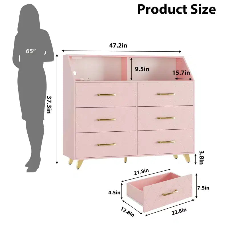 Commode avec station de charge, commode meuble TV LED avec 6 tiroirs, commodes et chiffonniers modernes en bois pour placard, chambre, salon