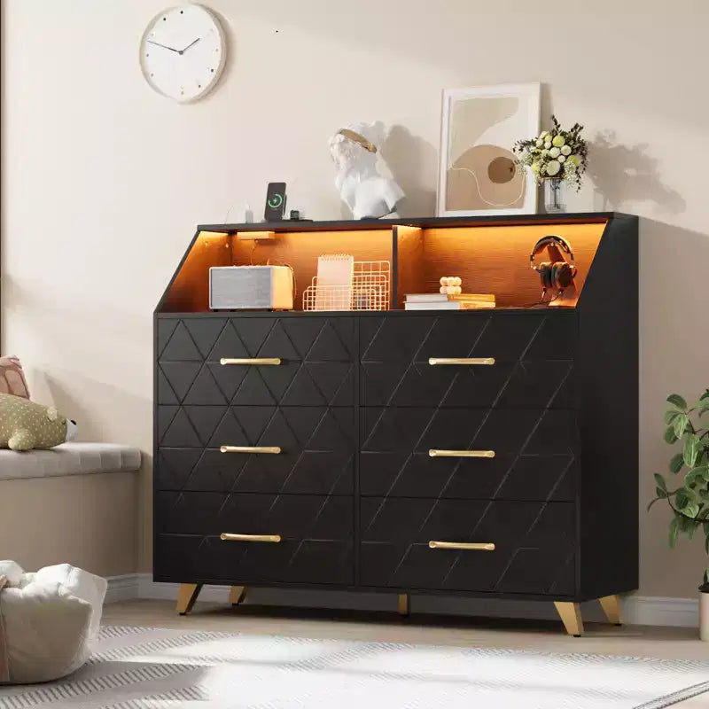 Dresser with Charging Station, LED TV Stand Dresser with 6 Drawers, Wood Modern Dressers & Chests of Drawers for Closet, Bedroom, Living Room