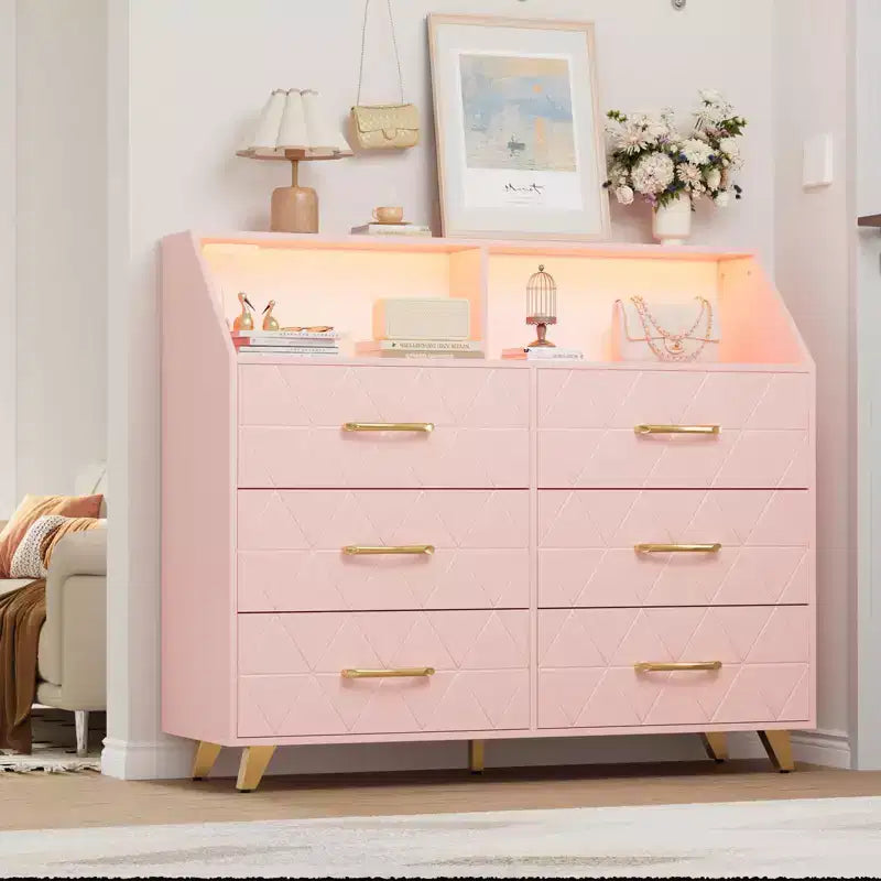 Commode avec station de charge, commode meuble TV LED avec 6 tiroirs, commodes et chiffonniers modernes en bois pour placard, chambre, salon