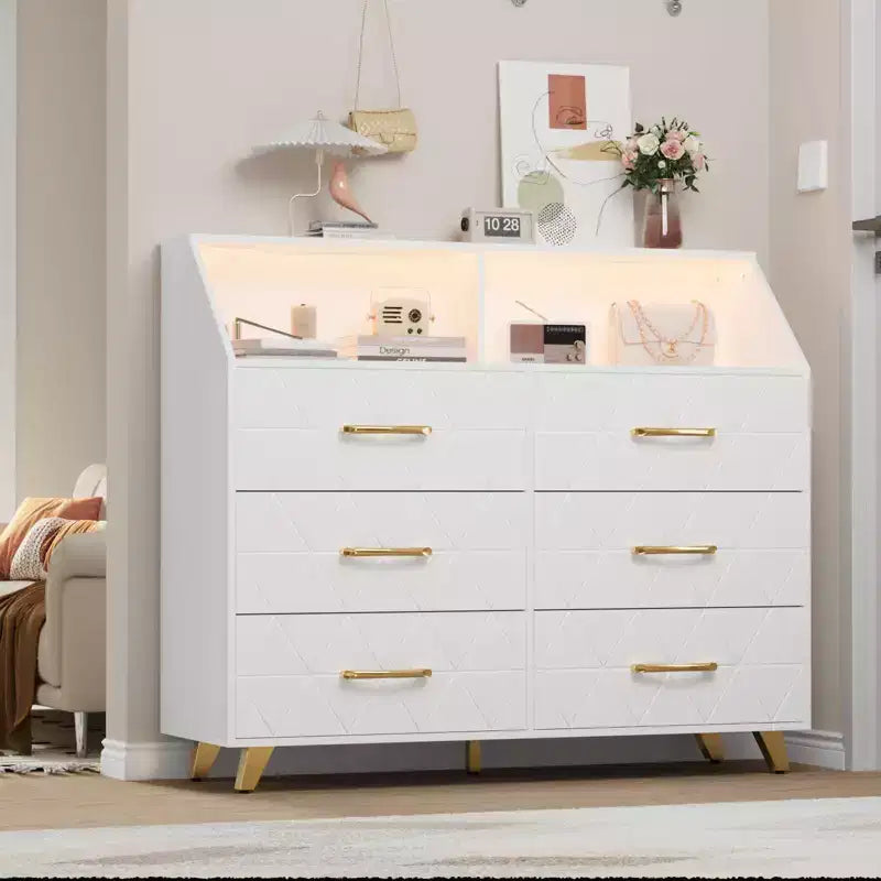 Commode avec station de charge, commode meuble TV LED avec 6 tiroirs, commodes et chiffonniers modernes en bois pour placard, chambre, salon