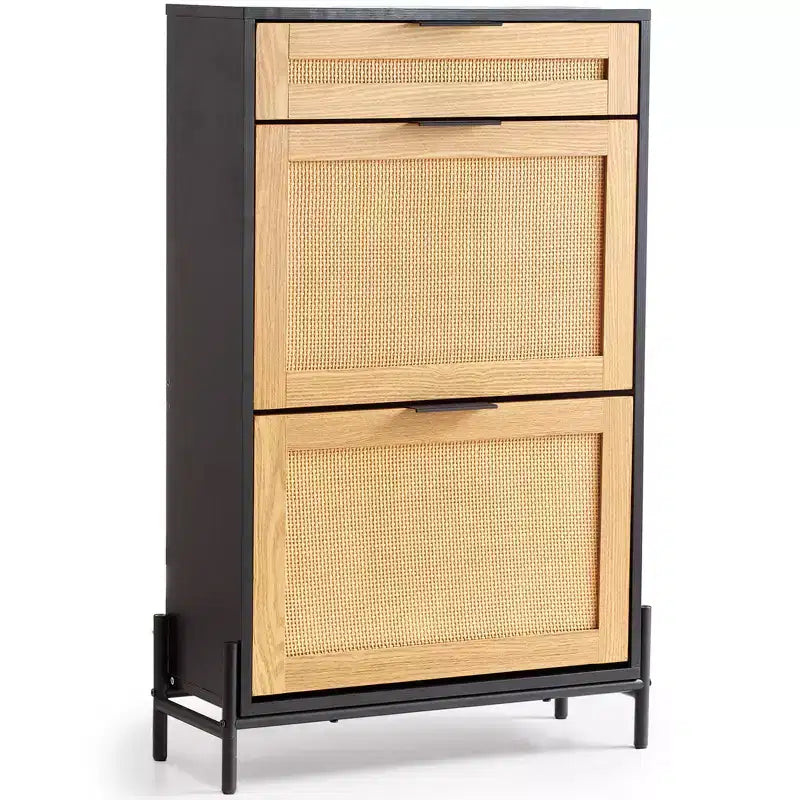 VEVOR Rattan Shoe Cabinet, with 2 Flip Rattan Drawers & 1 Slide Drawer, Metal Legs, Slim Shoe Entryway Cabinet for Entryway, Closet, Hallway, Black