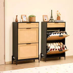 Meuble à Chaussures en Rotin VEVOR, avec 2 Tiroirs Basculants en Rotin et 1 Tiroir Coulissant, Pieds en Métal, Meuble à Chaussures Mince pour Entrée, Placard, Couloir, Noir