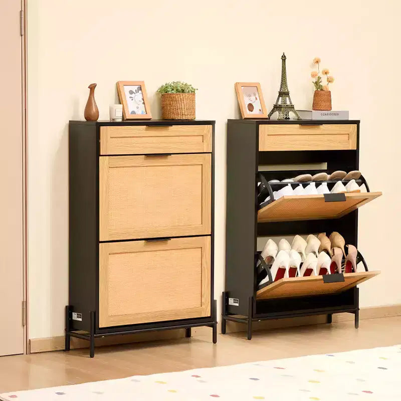 Mobile portascarpe in rattan VEVOR, con 2 cassetti a ribalta in rattan e 1 cassetto scorrevole, gambe in metallo, mobile portascarpe sottile per ingresso, armadio, corridoio, nero