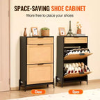 Meuble à Chaussures en Rotin VEVOR, avec 2 Tiroirs Basculants en Rotin et 1 Tiroir Coulissant, Pieds en Métal, Meuble à Chaussures Mince pour Entrée, Placard, Couloir, Noir