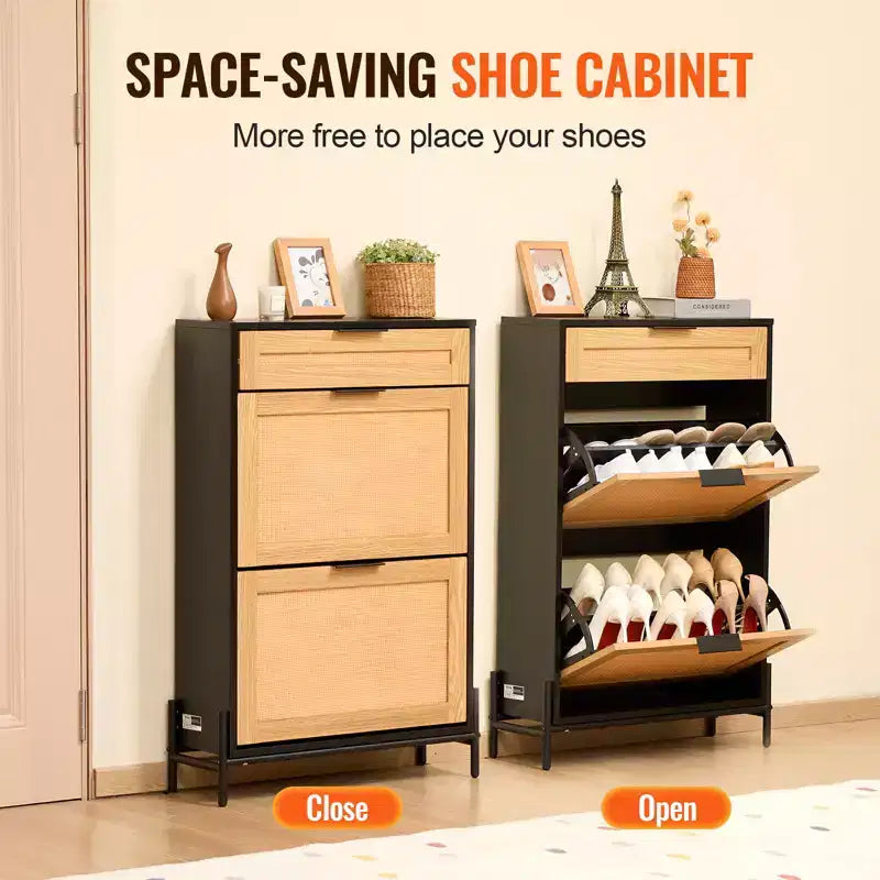 Mobile portascarpe in rattan VEVOR, con 2 cassetti a ribalta in rattan e 1 cassetto scorrevole, gambe in metallo, mobile portascarpe sottile per ingresso, armadio, corridoio, nero