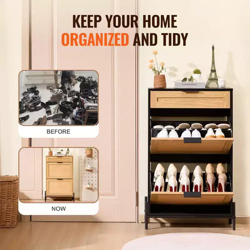 Mobile portascarpe in rattan VEVOR, con 2 cassetti a ribalta in rattan e 1 cassetto scorrevole, gambe in metallo, mobile portascarpe sottile per ingresso, armadio, corridoio, nero