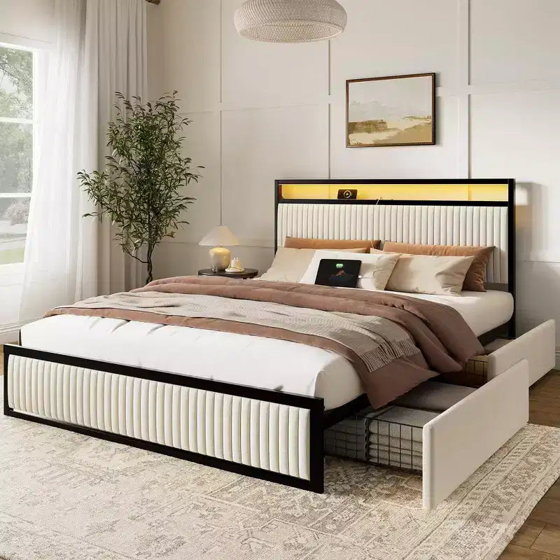 Hausource Velvet Upholstered Bed Frame with LED Headboard, 2 Drawers, Charging Station