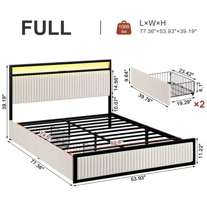 Hausource Letto Imbottito in Velluto con Testiera a LED, 2 Cassetti, Stazione di Ricarica