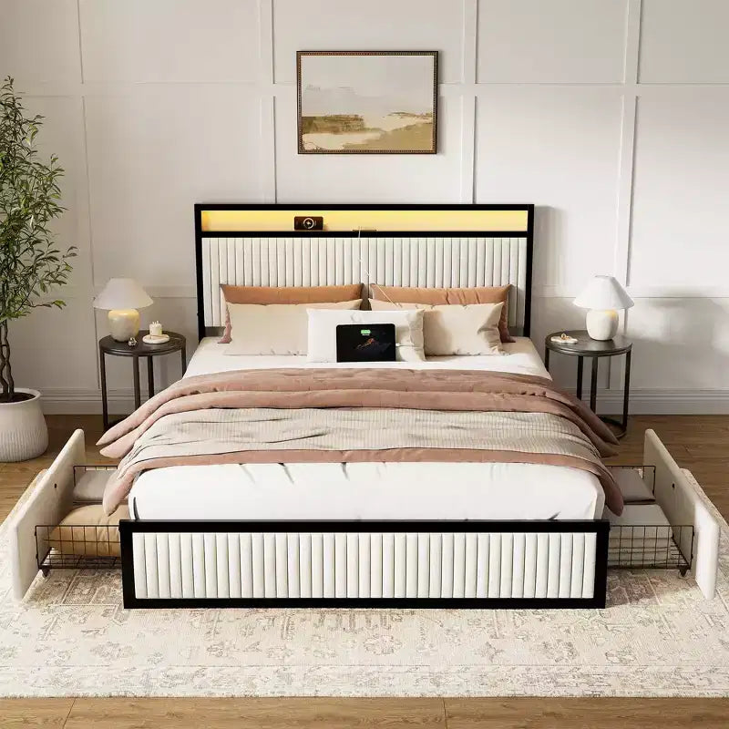 Hausource Letto Imbottito in Velluto con Testiera a LED, 2 Cassetti, Stazione di Ricarica