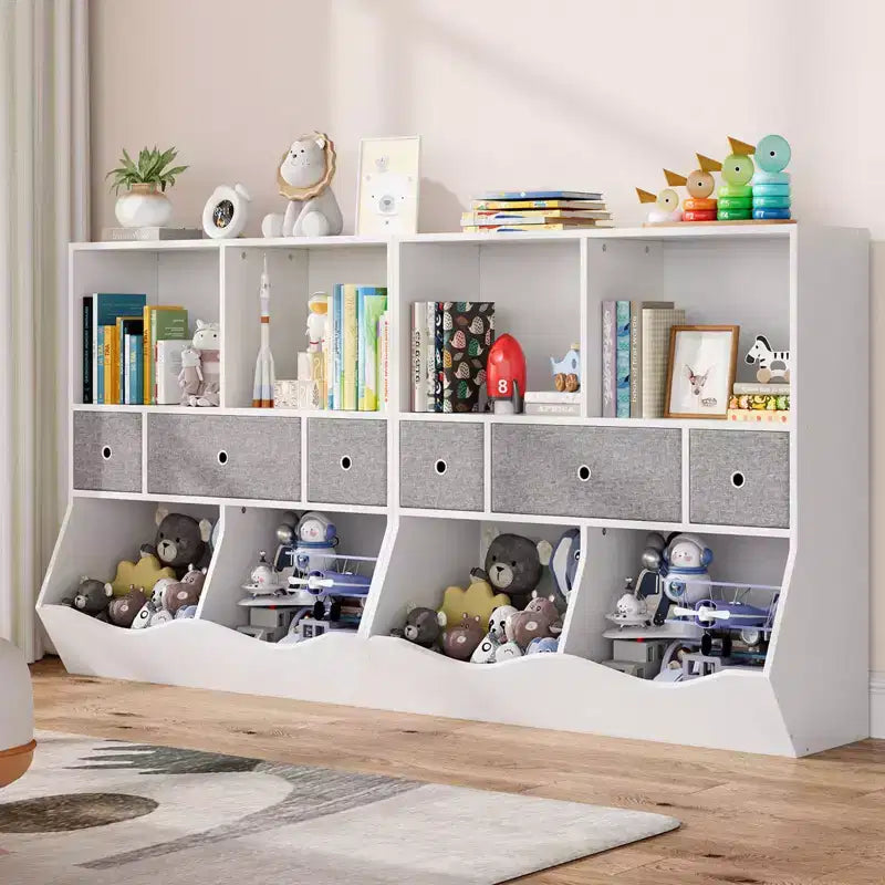 Étagère à livres et rangement de jouets pour enfants GustoWave, étagère à livres à 4 compartiments pour la décoration des chambres d'enfants, organisateur de jouets en bois à 3 niveaux avec bibliothèque, blanc