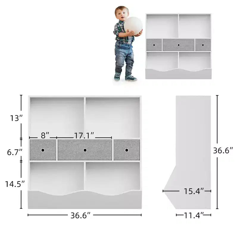 Étagère à livres et rangement de jouets pour enfants GustoWave, étagère à livres à 4 compartiments pour la décoration des chambres d'enfants, organisateur de jouets en bois à 3 niveaux avec bibliothèque, blanc