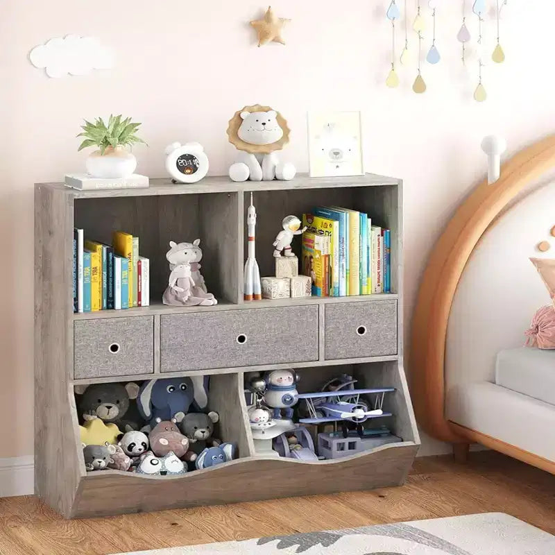 Étagère à livres et rangement de jouets pour enfants GustoWave, étagère à livres à 4 compartiments pour la décoration des chambres d'enfants, organisateur de jouets en bois à 3 niveaux avec bibliothèque, blanc