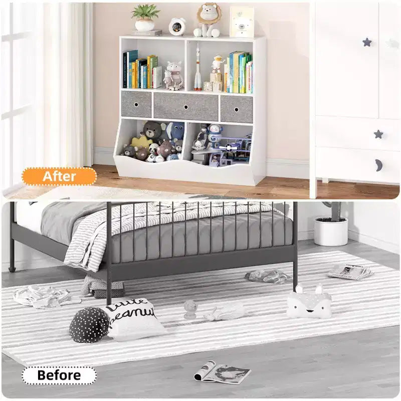 Étagère à livres et rangement de jouets pour enfants GustoWave, étagère à livres à 4 compartiments pour la décoration des chambres d'enfants, organisateur de jouets en bois à 3 niveaux avec bibliothèque, blanc