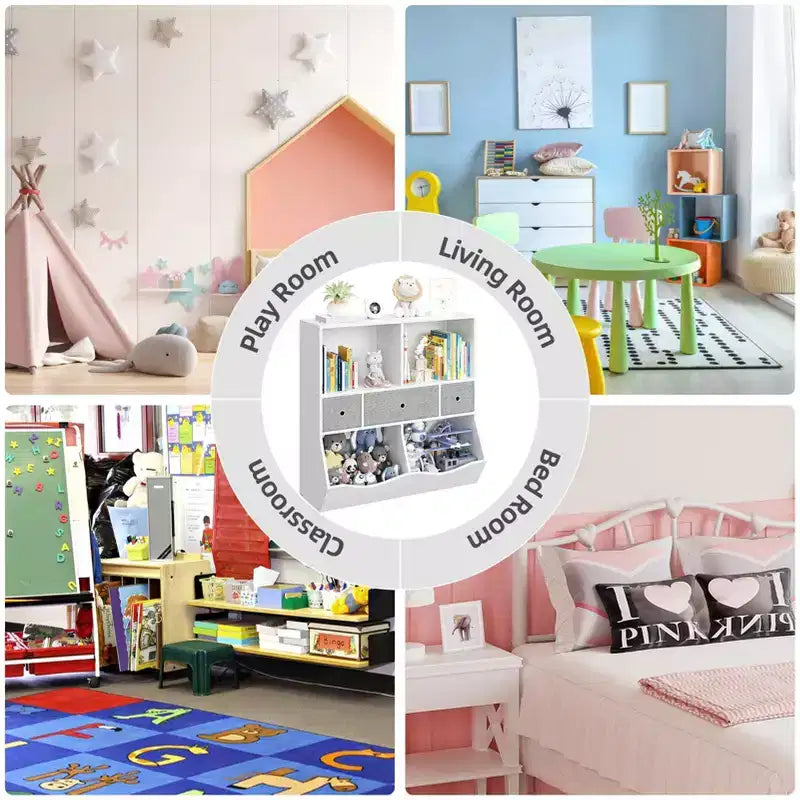 Étagère à livres et rangement de jouets pour enfants GustoWave, étagère à livres à 4 compartiments pour la décoration des chambres d'enfants, organisateur de jouets en bois à 3 niveaux avec bibliothèque, blanc