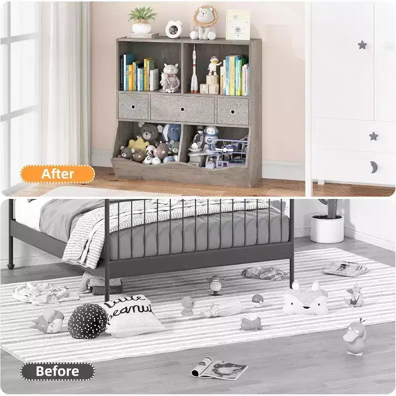 Étagère à livres et rangement de jouets pour enfants GustoWave, étagère à livres à 4 compartiments pour la décoration des chambres d'enfants, organisateur de jouets en bois à 3 niveaux avec bibliothèque, blanc