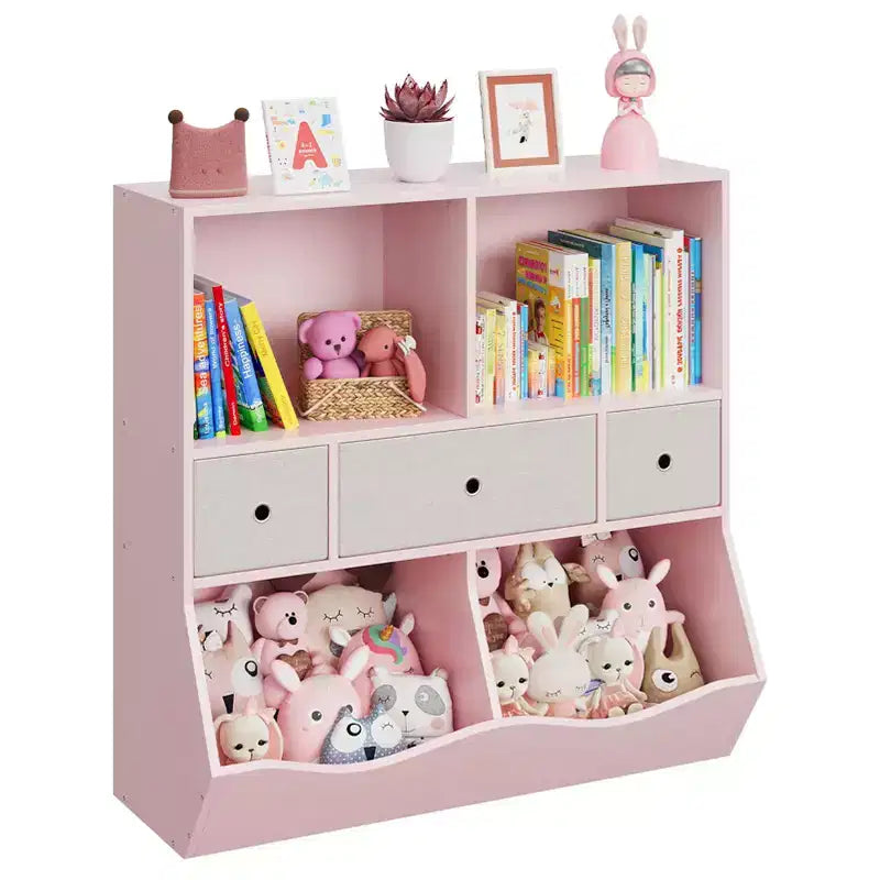 GustoWave Scaffale e Contenitore Giocattoli per Bambini, Scaffale a 4 Scomparti per la Decorazione delle Camerette, Organizer per Giocattoli in Legno a 3 Livelli con Libreria, Bianco