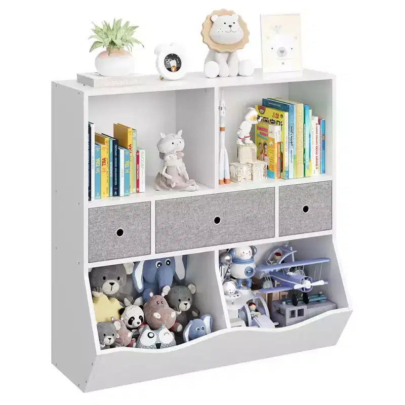 GustoWave Scaffale e Contenitore Giocattoli per Bambini, Scaffale a 4 Scomparti per la Decorazione delle Camerette, Organizer per Giocattoli in Legno a 3 Livelli con Libreria, Bianco